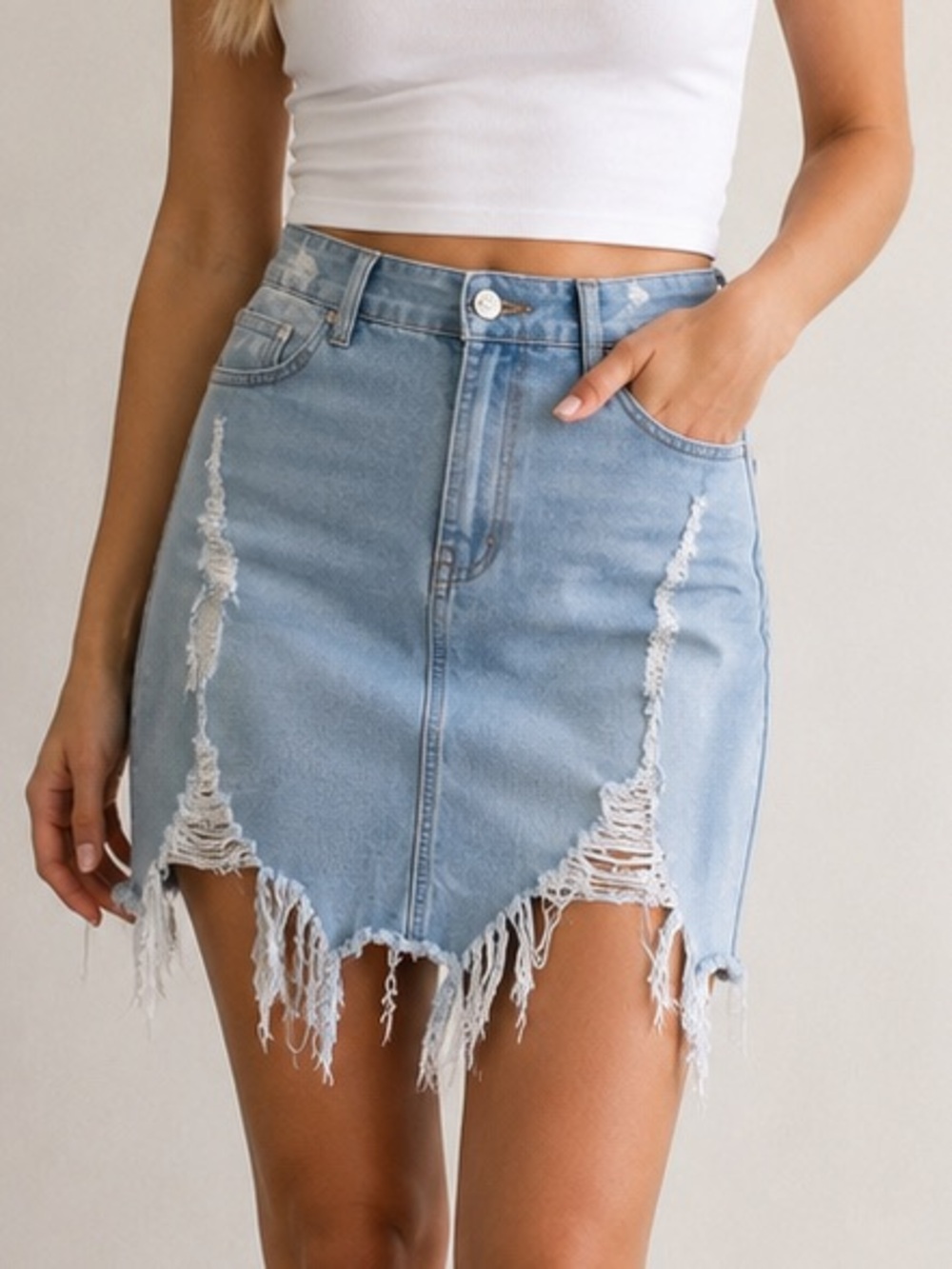 American Bazi Womenโs Distressed Stretch Denim Mini Skirt Blue Size Large